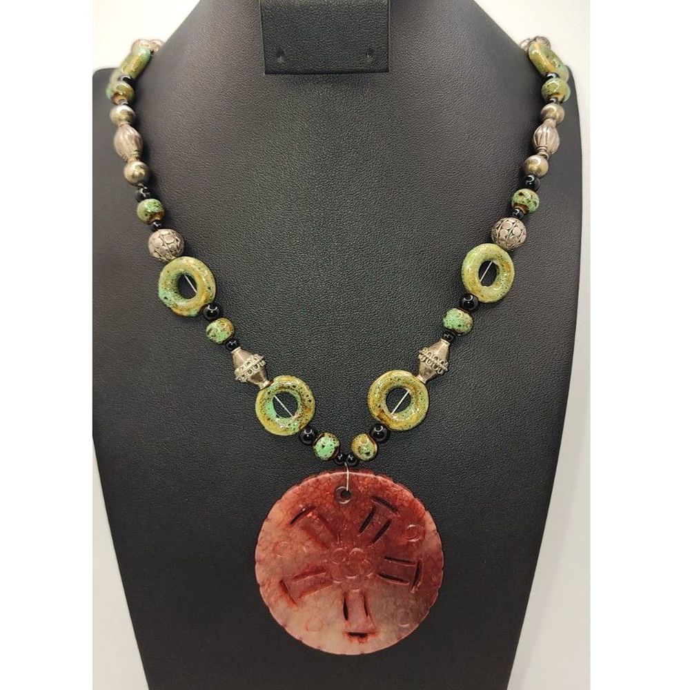 Olive Green & Copper Beaded Pendant Necklace 14"